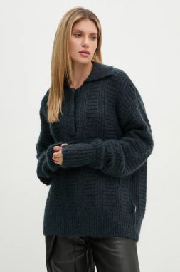 Vlnený sveter Remain dámsky, tmavomodrá farba, tenký, 502025