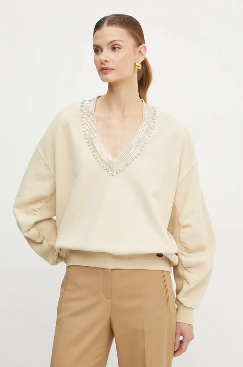 Bavlnená mikina Pinko dámska, béžová farba, s nášivkou, 104458 A297