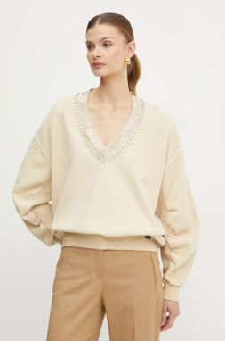 Bavlnená mikina Pinko dámska, béžová farba, s nášivkou, 104458 A297