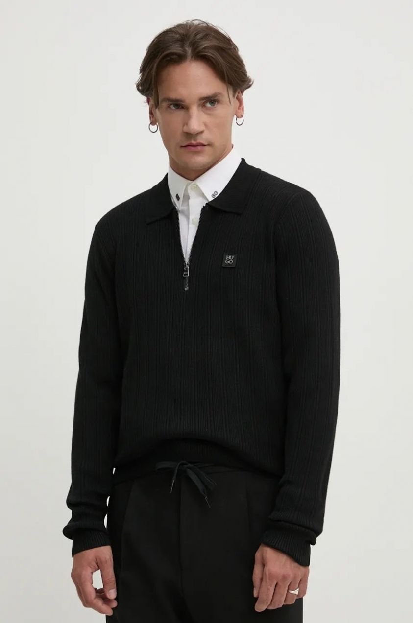 Sveter s prímesou vlny HUGO Sastoro pánsky, čierna farba, tenký, 50524556