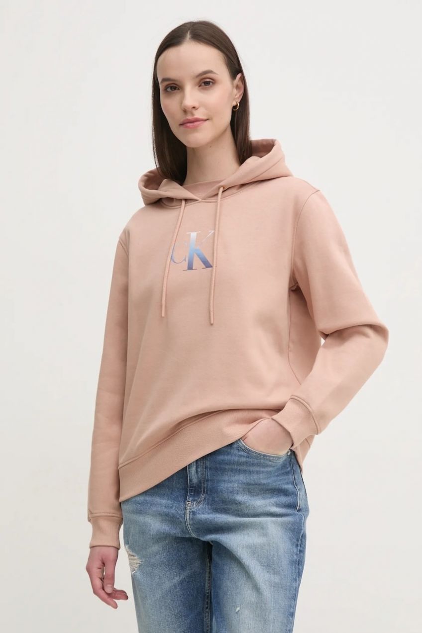 Mikina Calvin Klein Jeans dámska, oranžová farba, s kapucňou, s potlačou, J20J224721