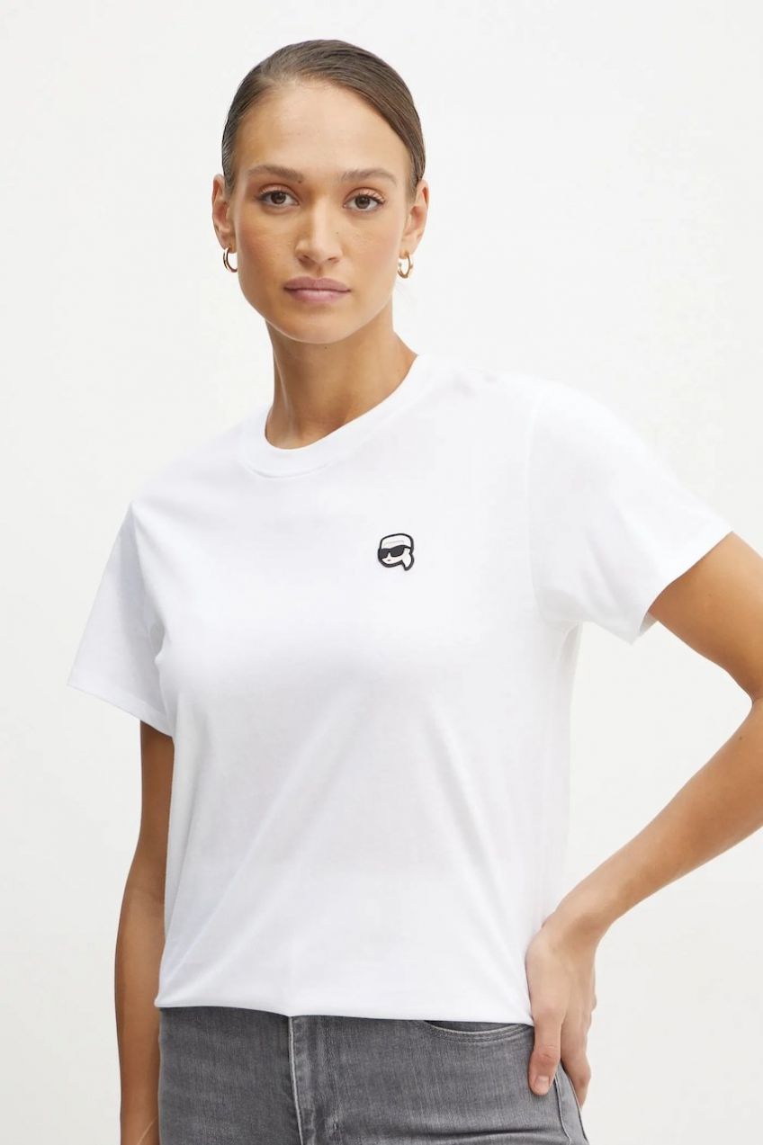 Bavlnené tričko Karl Lagerfeld IKON dámske, biela farba, A1W17025
