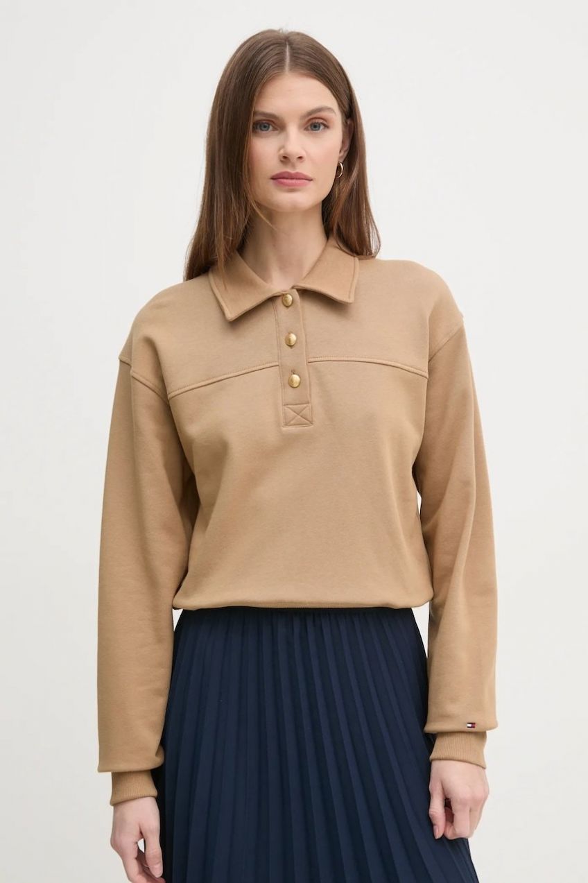 Bavlnená mikina Tommy Hilfiger dámska, hnedá farba, jednofarebná, WW0WW44081