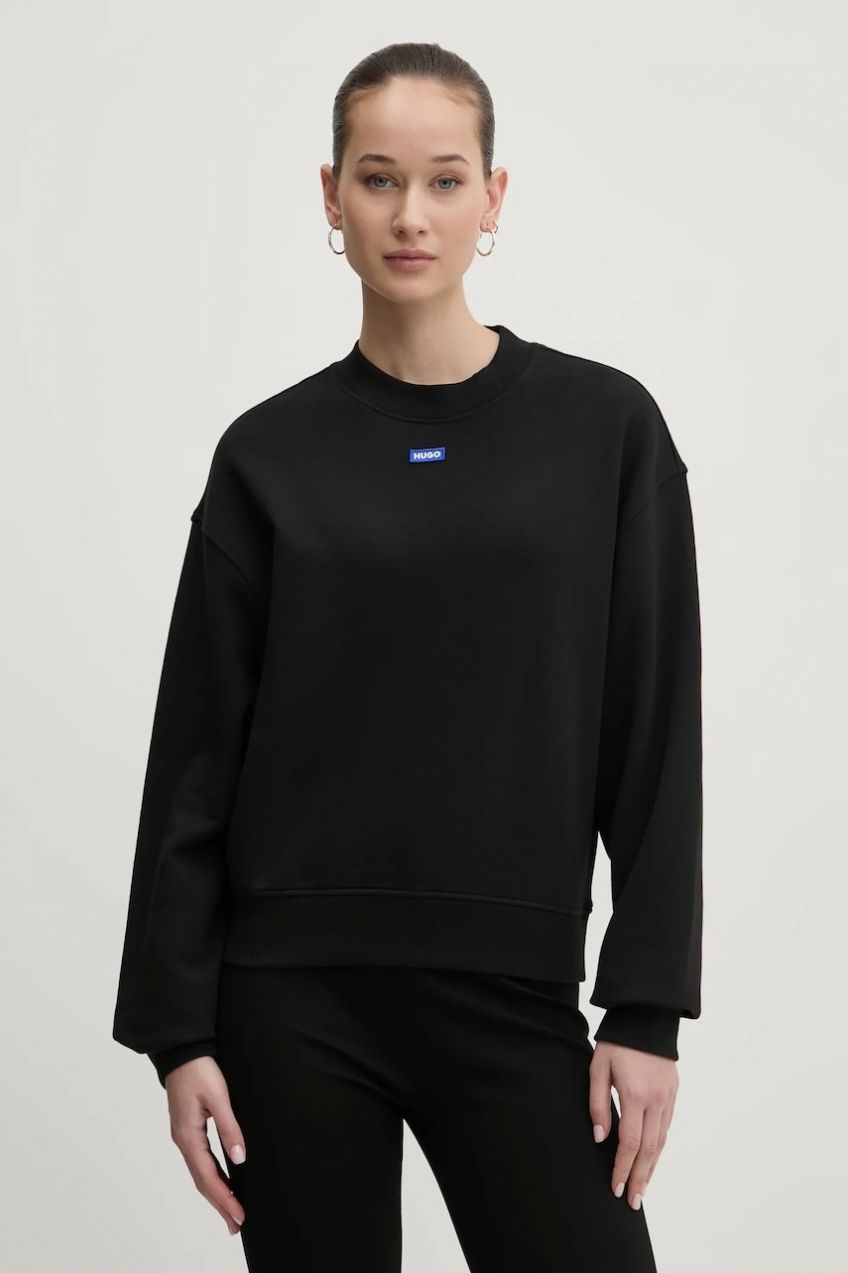 Bavlnená mikina Hugo Blue Delessa_B_1 dámska, čierna farba, s nášivkou, 50534344