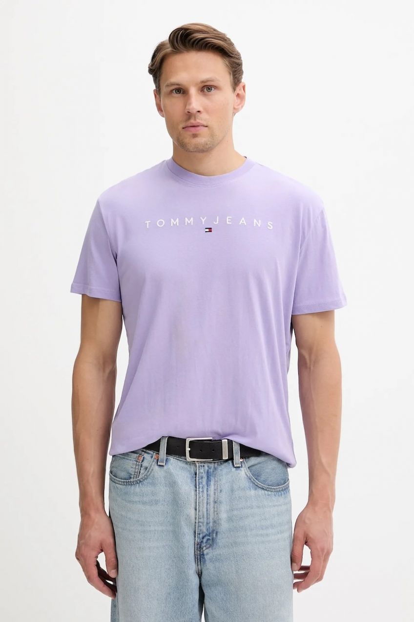 Bavlnené tričko Tommy Jeans pánske, béžová farba, s nášivkou, DM0DM20744