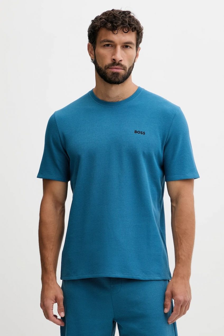 Tričko BOSS Waffle T-Shirt modrá farba, s nášivkou, 50535891