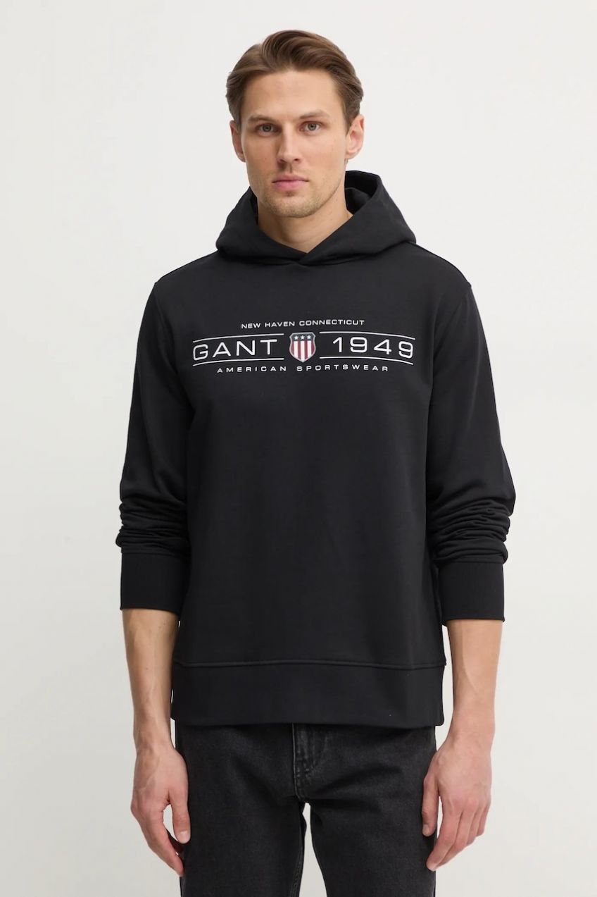 Mikina Gant pánska, čierna farba, s kapucňou, s potlačou, 2044014