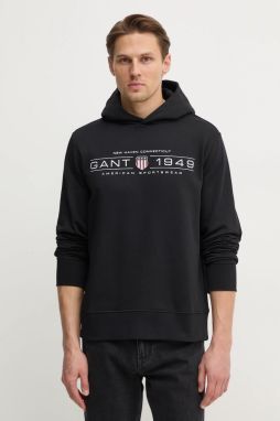 Mikina Gant pánska, čierna farba, s kapucňou, s potlačou, 2044014