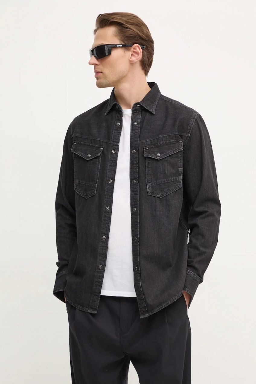 Rifľová košeľa G-Star Dakota slim pánska, čierna farba, slim, s klasickým golierom, D23616-D540,