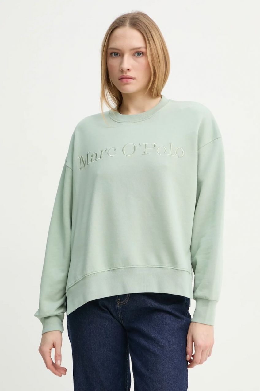 Bavlnená mikina Marc O'Polo dámska, zelená farba, s nášivkou, 502407354033