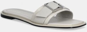 Kožené šľapky Calvin Klein FLAT SLIDE W/BUCKLE - LTH dámske, béžová farba, HW0HW02490