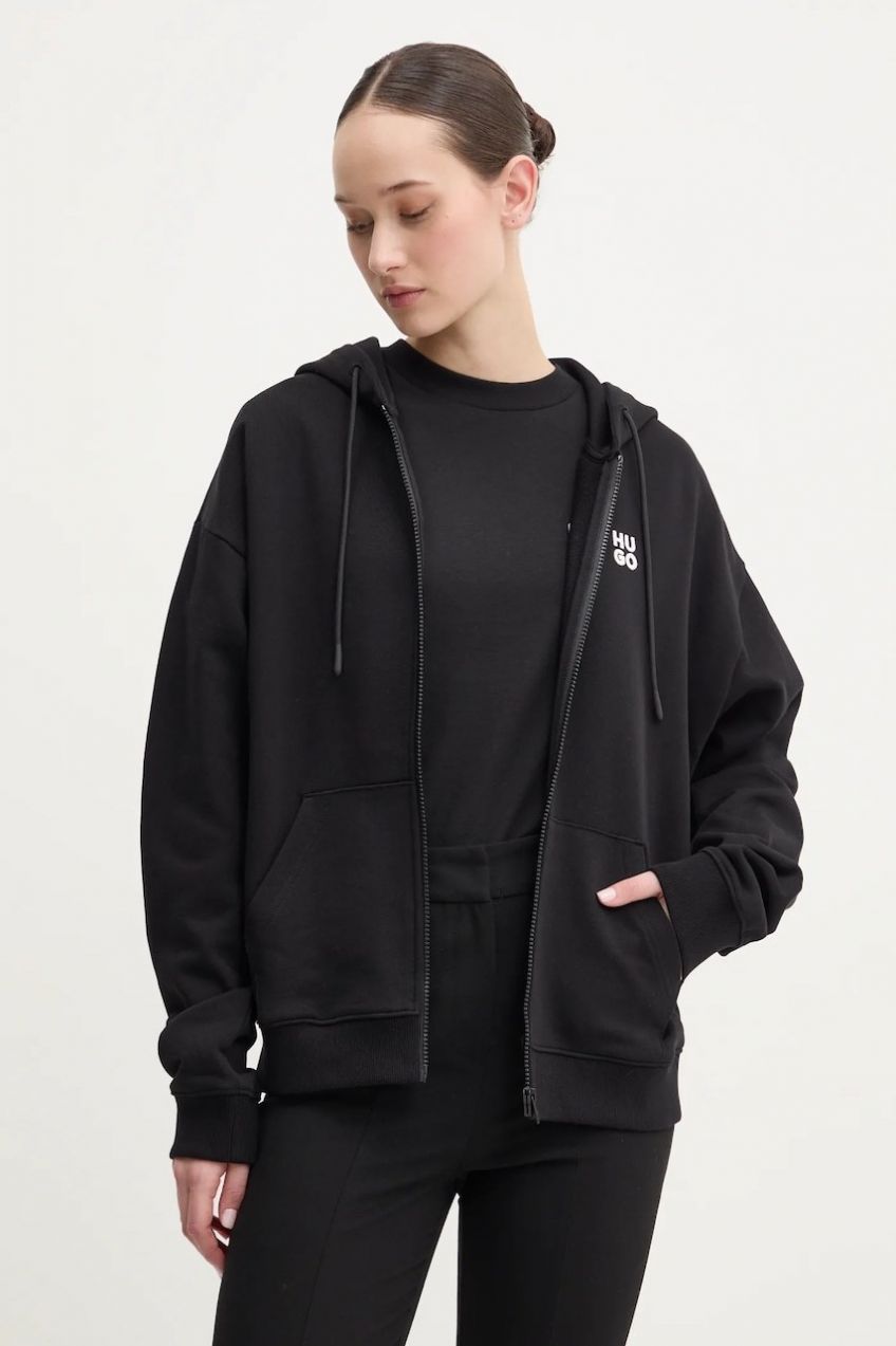 Bavlnená mikina HUGO Dalfine dámska, čierna farba, s kapucňou, jednofarebná, 50535240