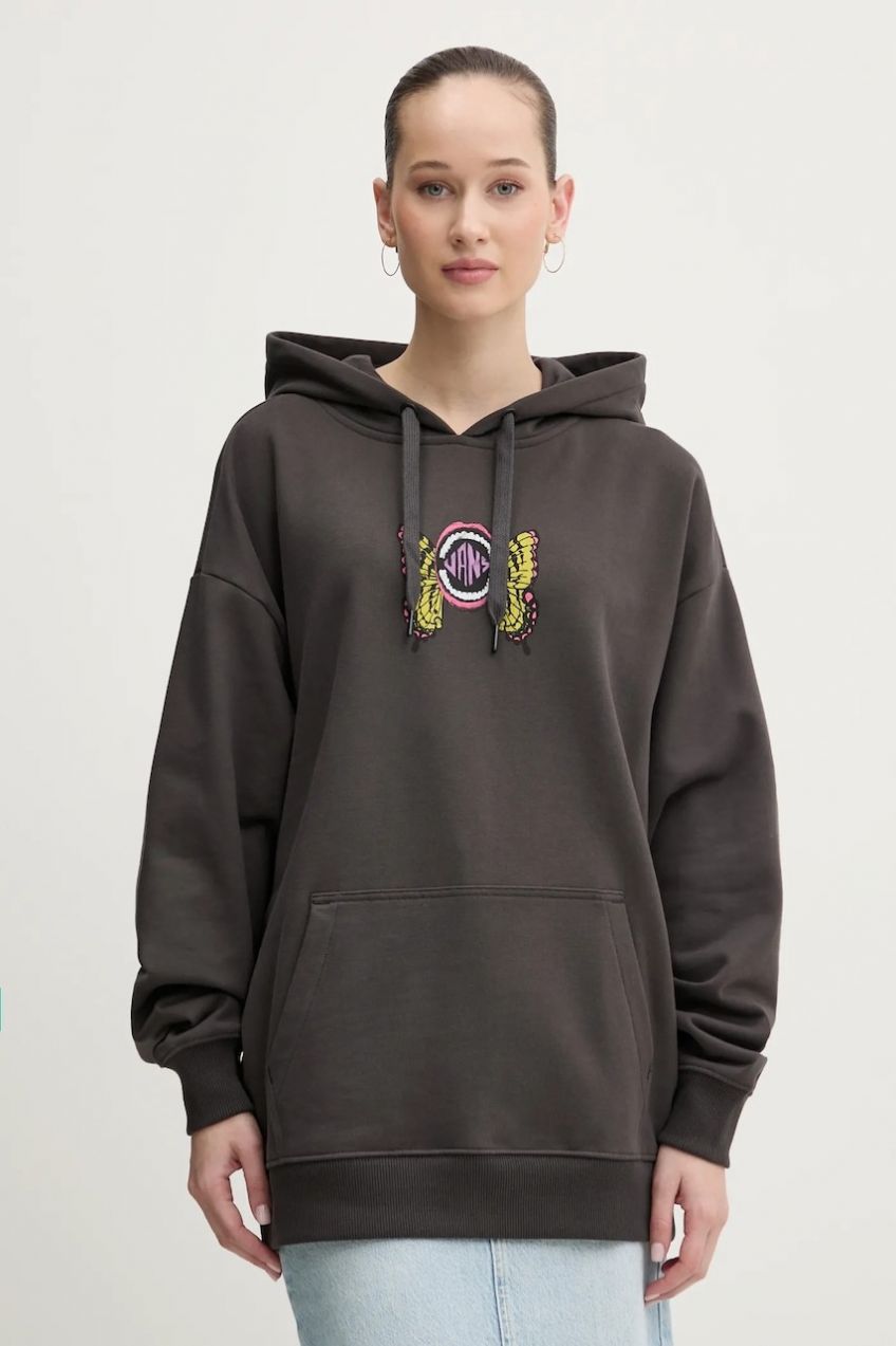 Bavlnená mikina Vans dámska, hnedá farba, s kapucňou, s potlačou, VN000NXVBLK1