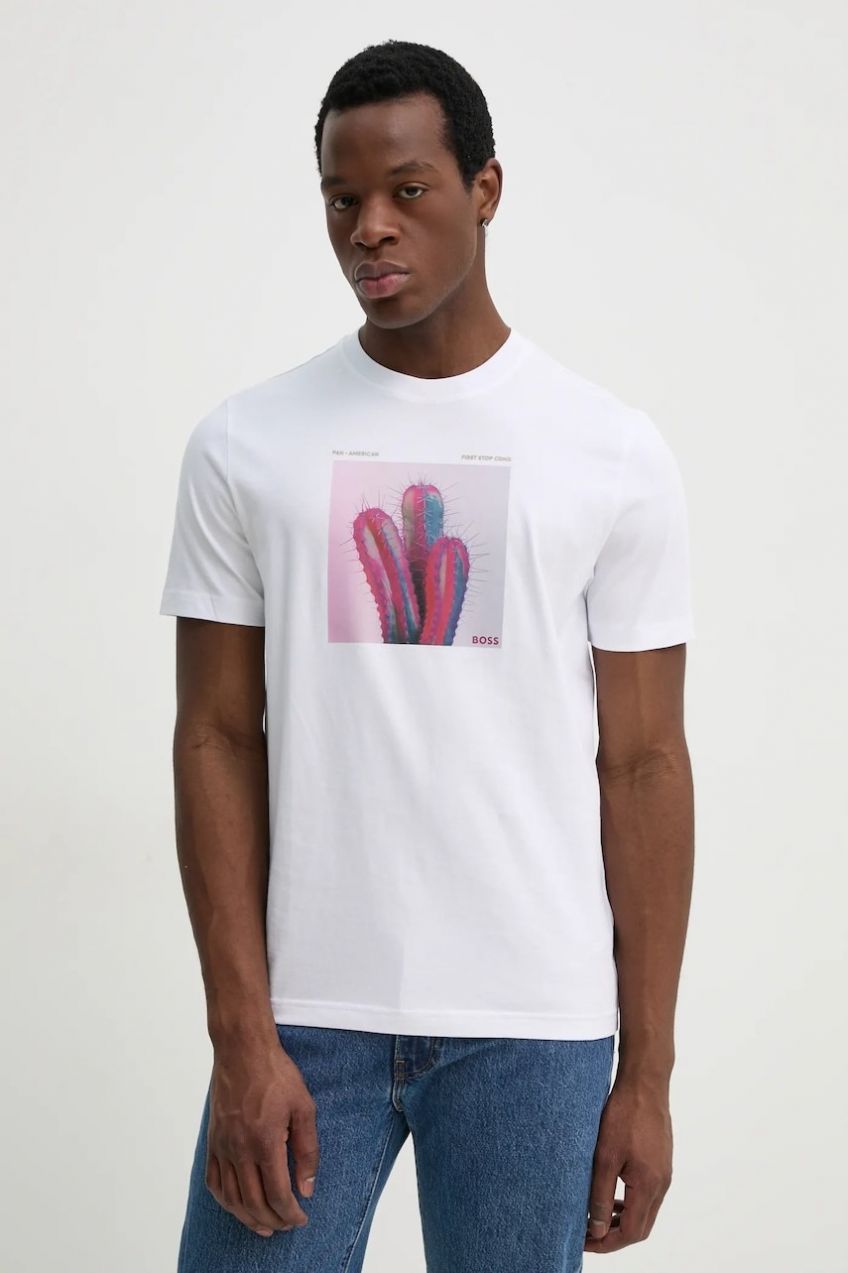 Bavlnené tričko BOSS Orange pánske, biela farba, s potlačou, 50535079