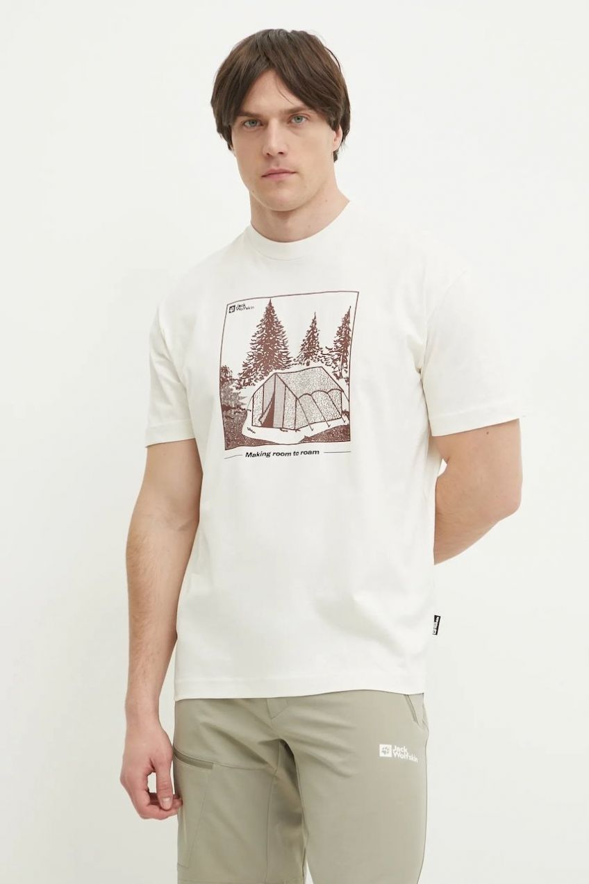 Tričko Jack Wolfskin Freeroamer pánske, béžová farba, s potlačou, A63860