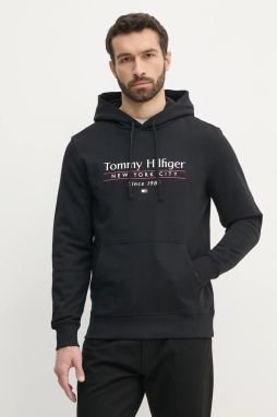 Bavlnená mikina Tommy Hilfiger pánska, čierna farba, s kapucňou, s potlačou, MW0MW38672