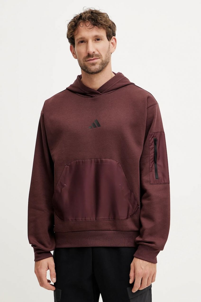 Mikina adidas City Escape pánska, červená farba, s kapucňou, jednofarebná, JF3278