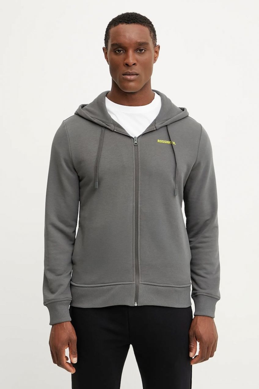 Mikina Rossignol Presset pánska, šedá farba, s kapucňou, s potlačou, RLNMS11