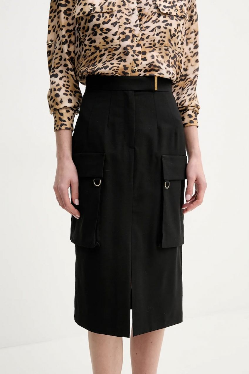 Sukňa s prímesou vlny Marciano by Guess IRINA čierna farba, midi, puzdrová, 5GGD04 7294A