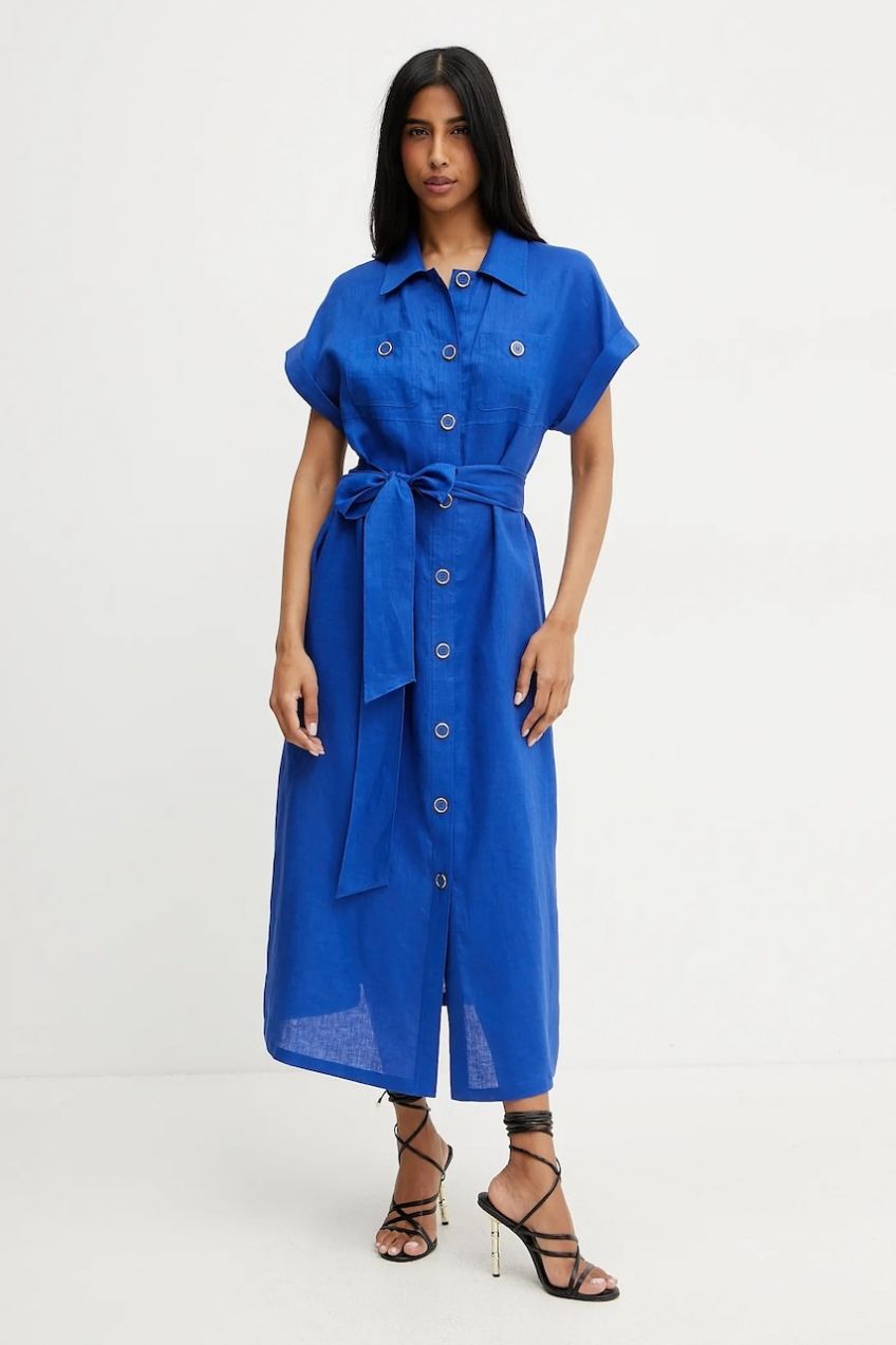 Ľanové šaty Luisa Spagnoli fialová farba, midi, áčkový strih, 542264