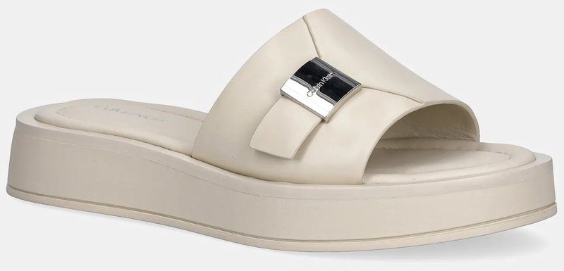 Kožené šľapky Calvin Klein FLATFORM SLIDE W/CK HW - LTH béžová farba, na platforme, HW0HW02368