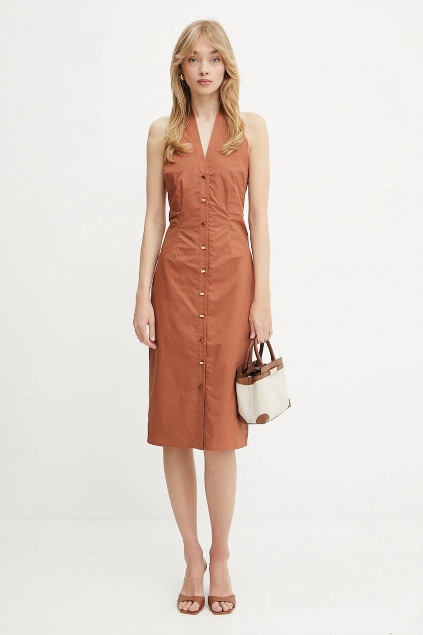 Bavlnené šaty Marciano by Guess PAT hnedá farba, mini, rovný strih, 5GGK43 7315A