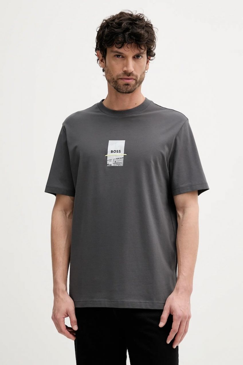 Tričko BOSS Green Tee Photoprint pánske, šedá farba, s potlačou, 50545869