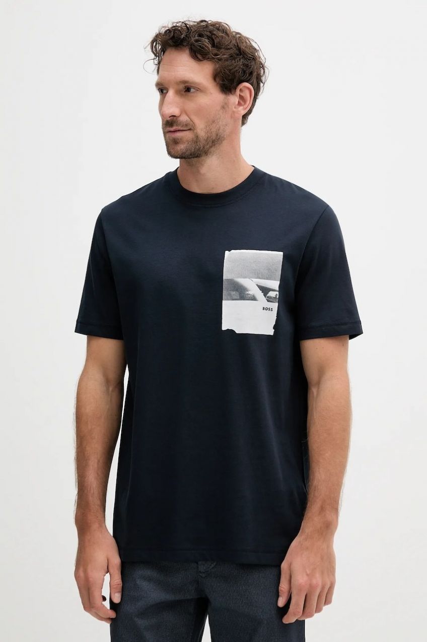 Bavlnené tričko BOSS Orange Te_Container pánske, tmavomodrá farba, s potlačou, 50546920