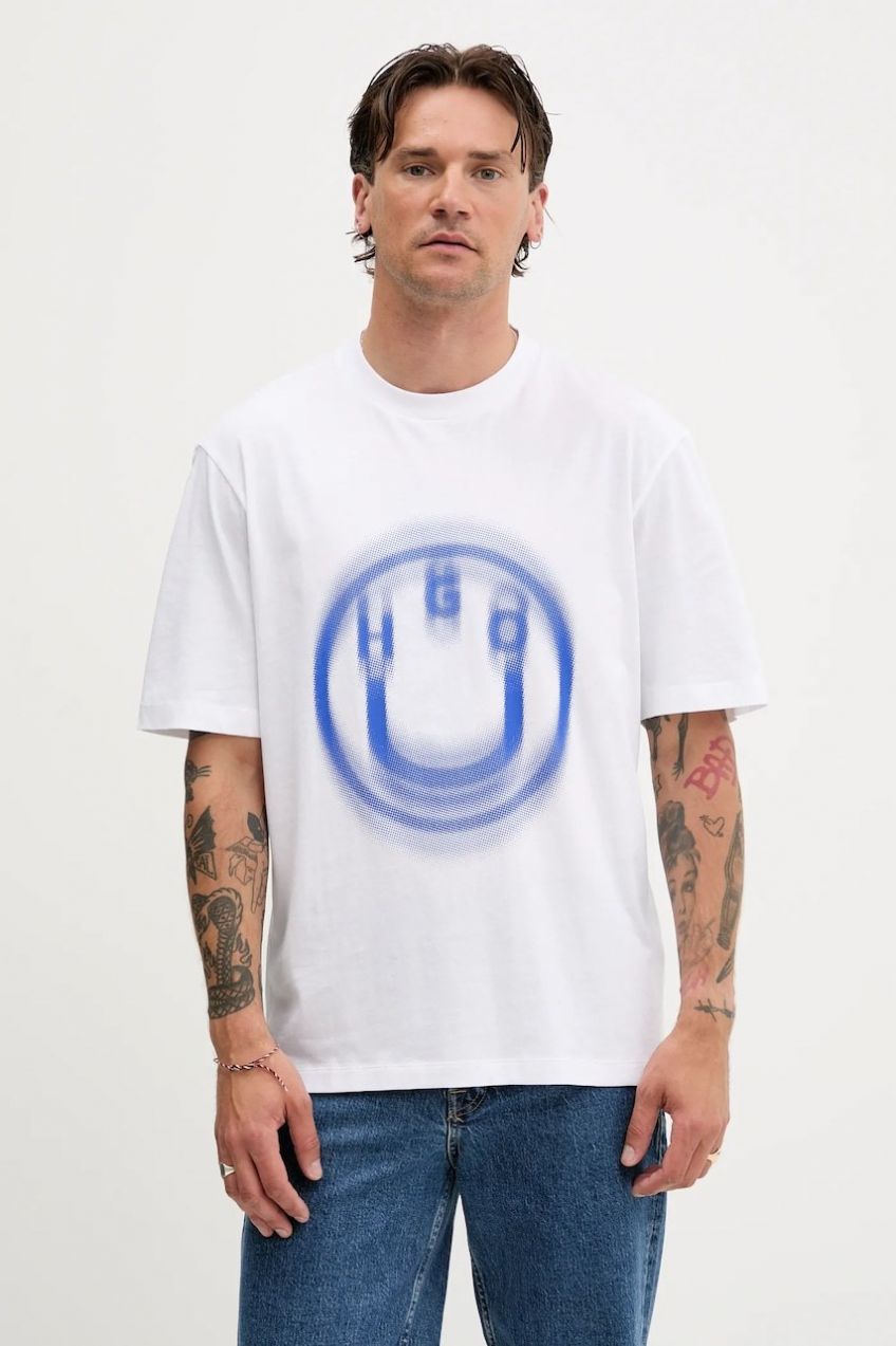 Bavlnené tričko Hugo Blue Nalax pánske, biela farba, s potlačou, 50543493