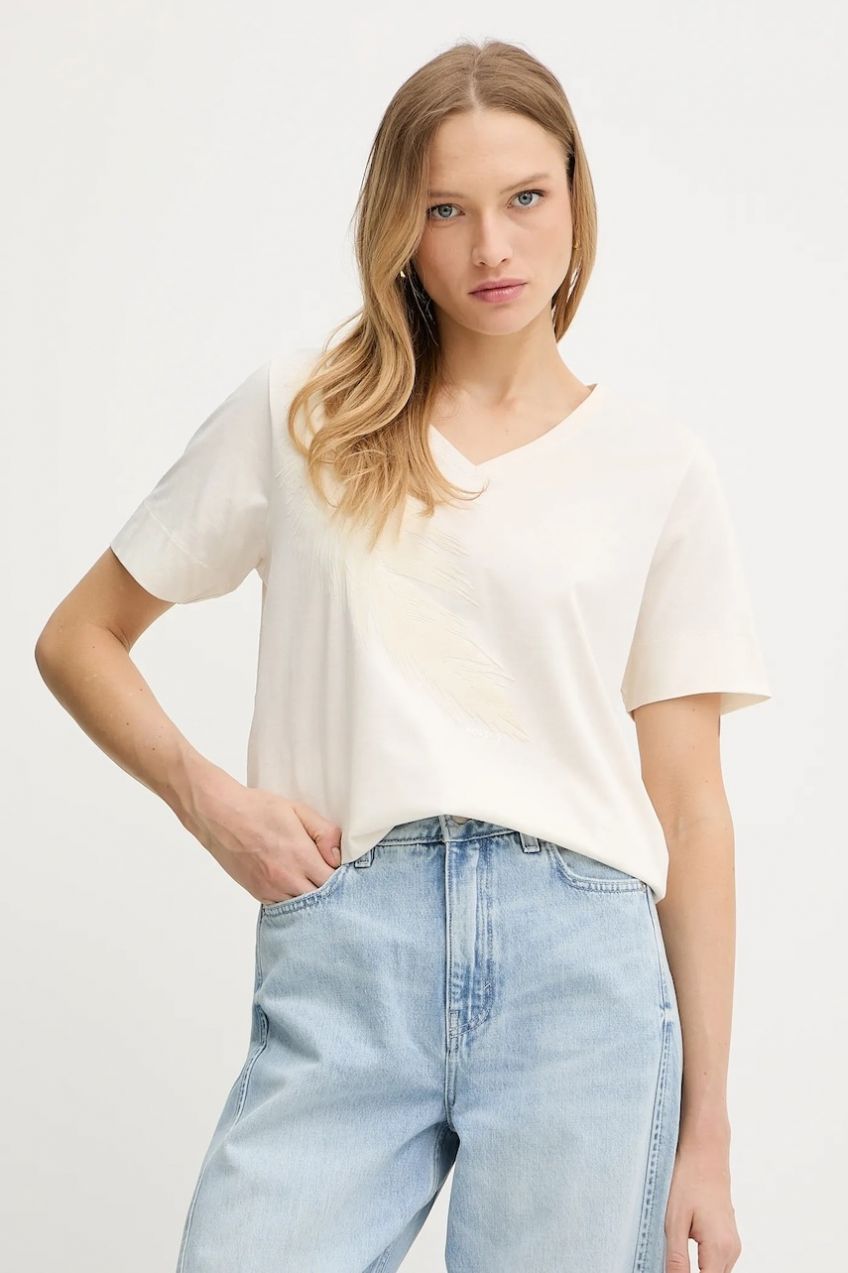 Bavlnené tričko BOSS Elvhi dámske, béžová farba, 50545673