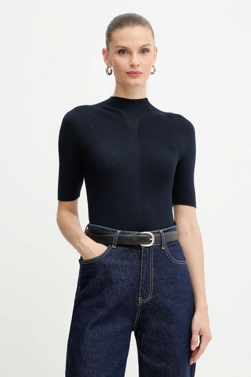 Vlnené tričko BOSS Faleri tmavomodrá farba, s polorolákom, 50542885