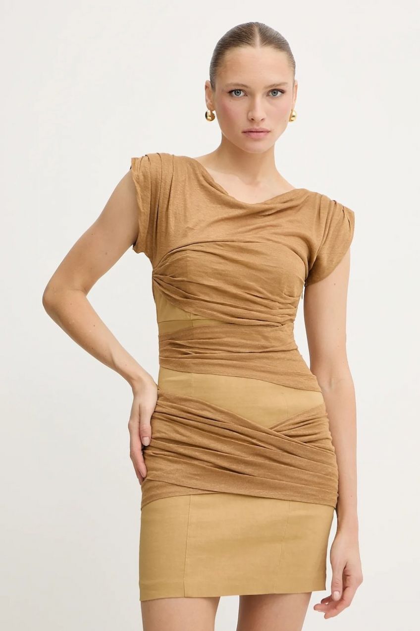 Ľanové šaty Pinko zelená farba, mini, priliehavé, 104872 A2GF