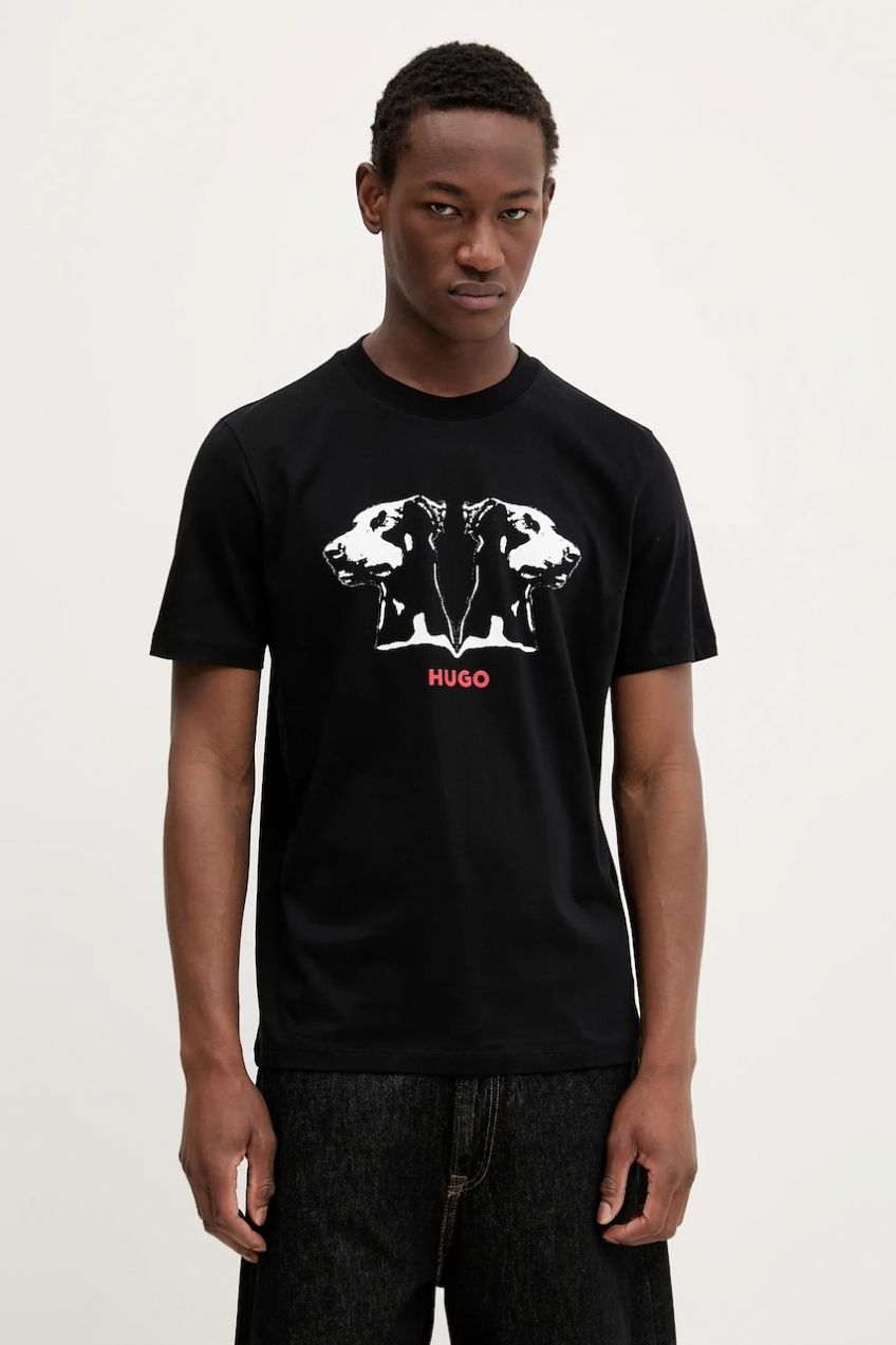 Bavlnené tričko HUGO Dobero pánske, čierna farba, s potlačou, 50542734
