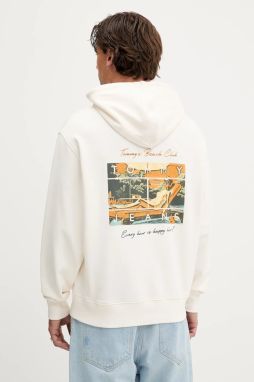 Bavlnená mikina Tommy Jeans béžová farba, s kapucňou, s potlačou, DM0DM21373
