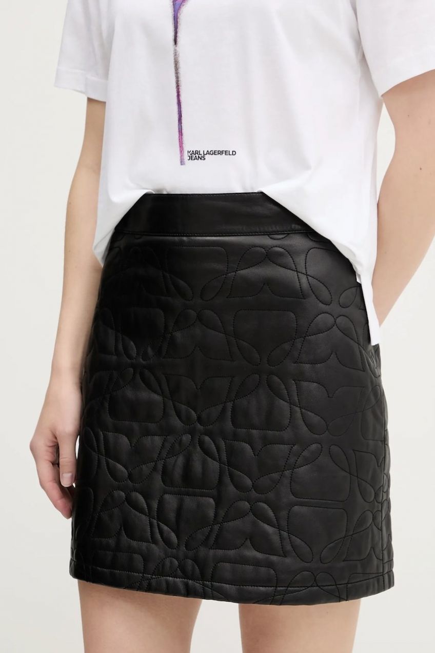 Kožená sukňa HUGO Lesani čierna farba, mini, rovný strih, 50542332