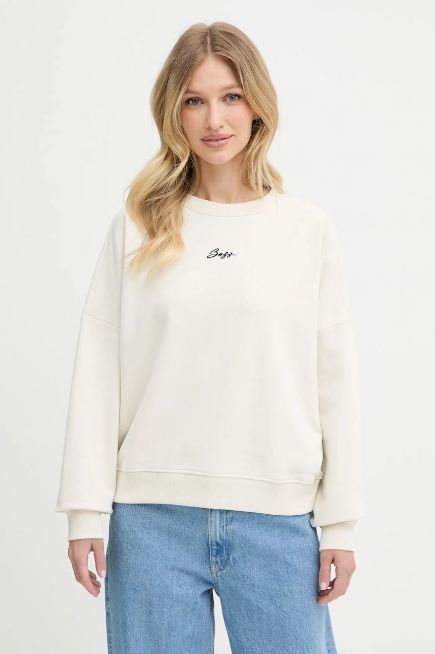 Bavlnená mikina BOSS Orange C_Esweaty_s béžová farba, s nášivkou, 50547974
