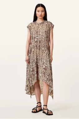 Šaty AllSaints ARWEN béžová farba, midi, áčkový strih, W104DC