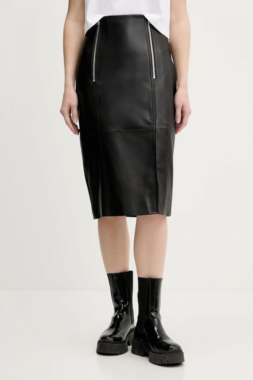 Kožená sukňa HUGO Leomira čierna farba, midi, rovný strih, 50542308