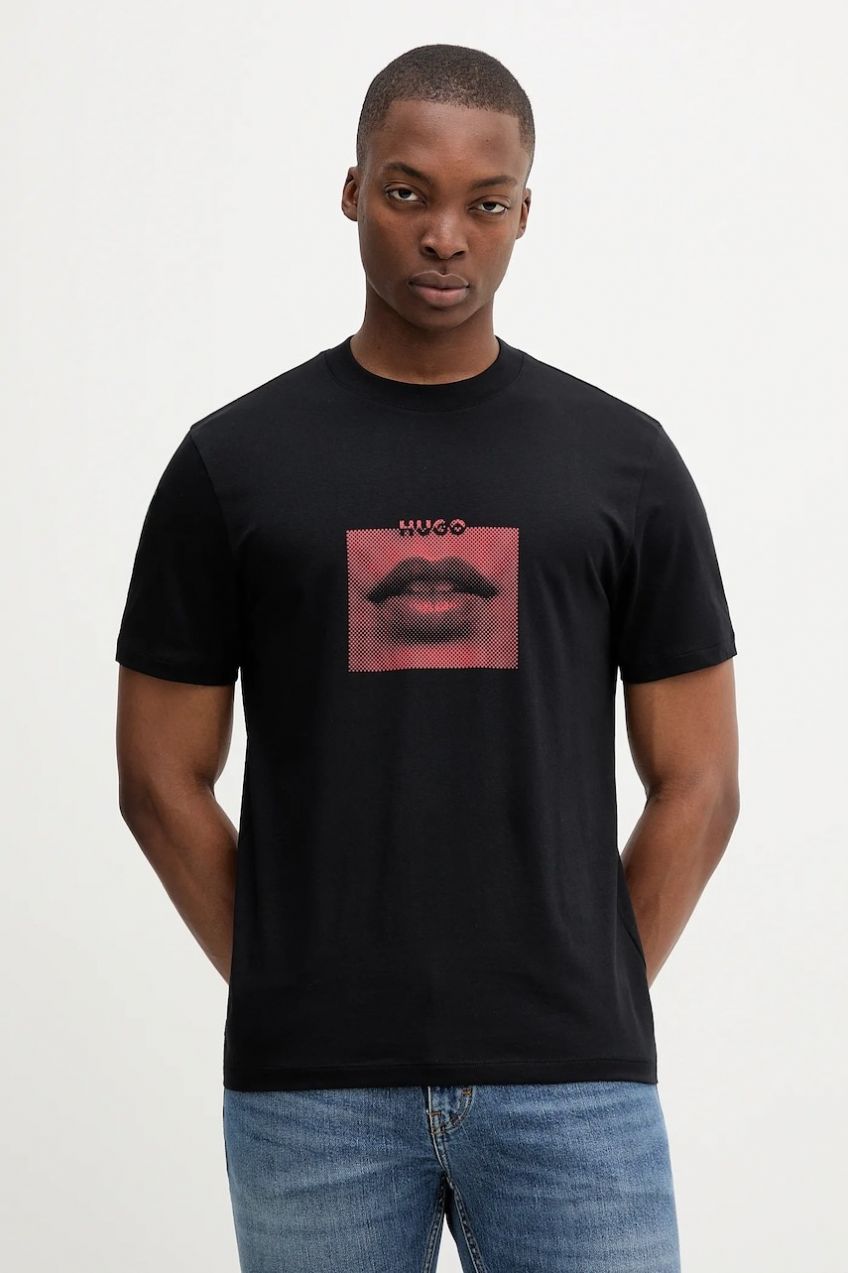 Bavlnené tričko HUGO Deterni pánske, čierna farba, s potlačou, 50544496