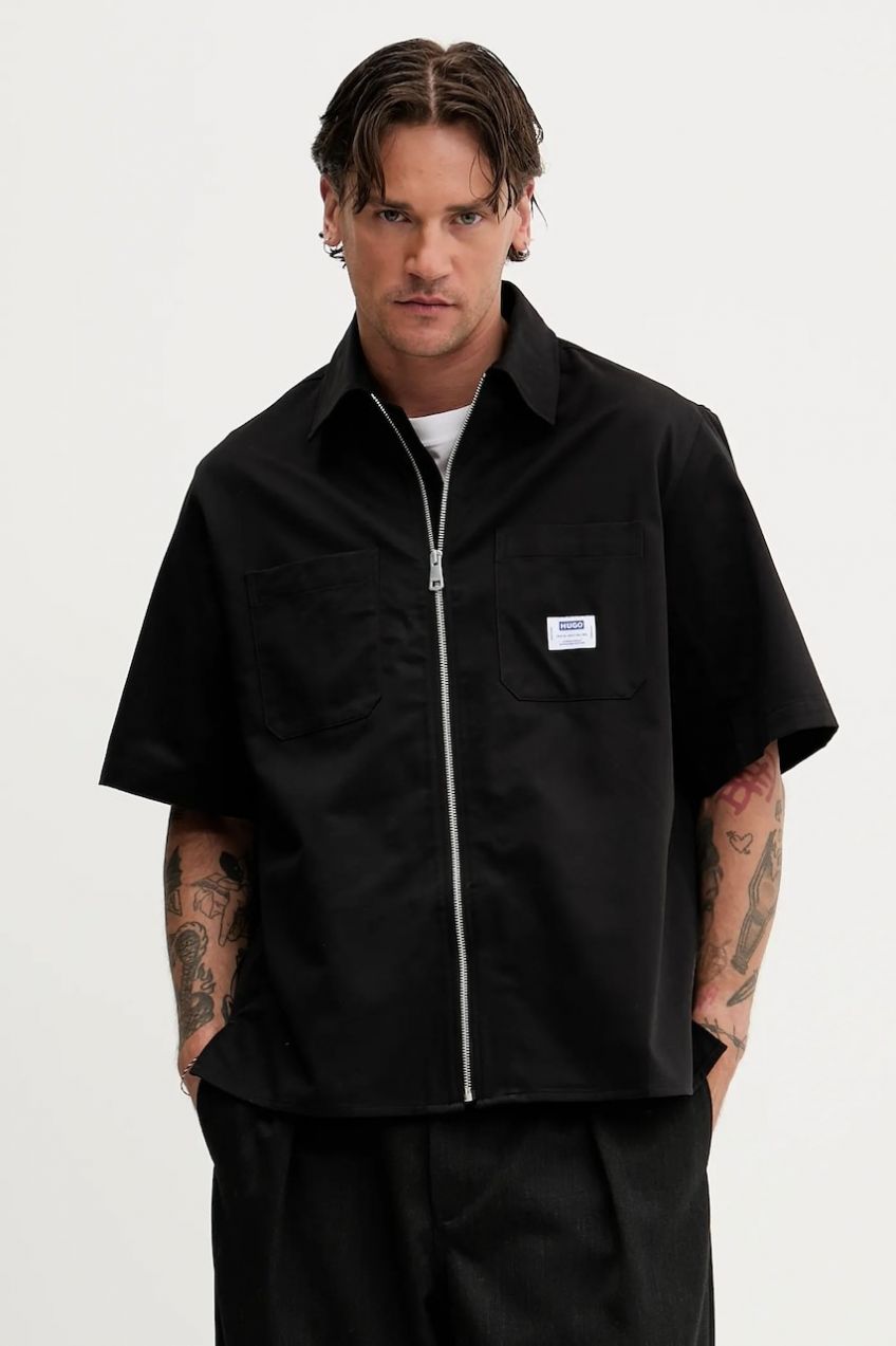 Bavlnená košeľa Hugo Blue Ekyz čierna farba, voľný strih, s klasickým golierom, 50545166