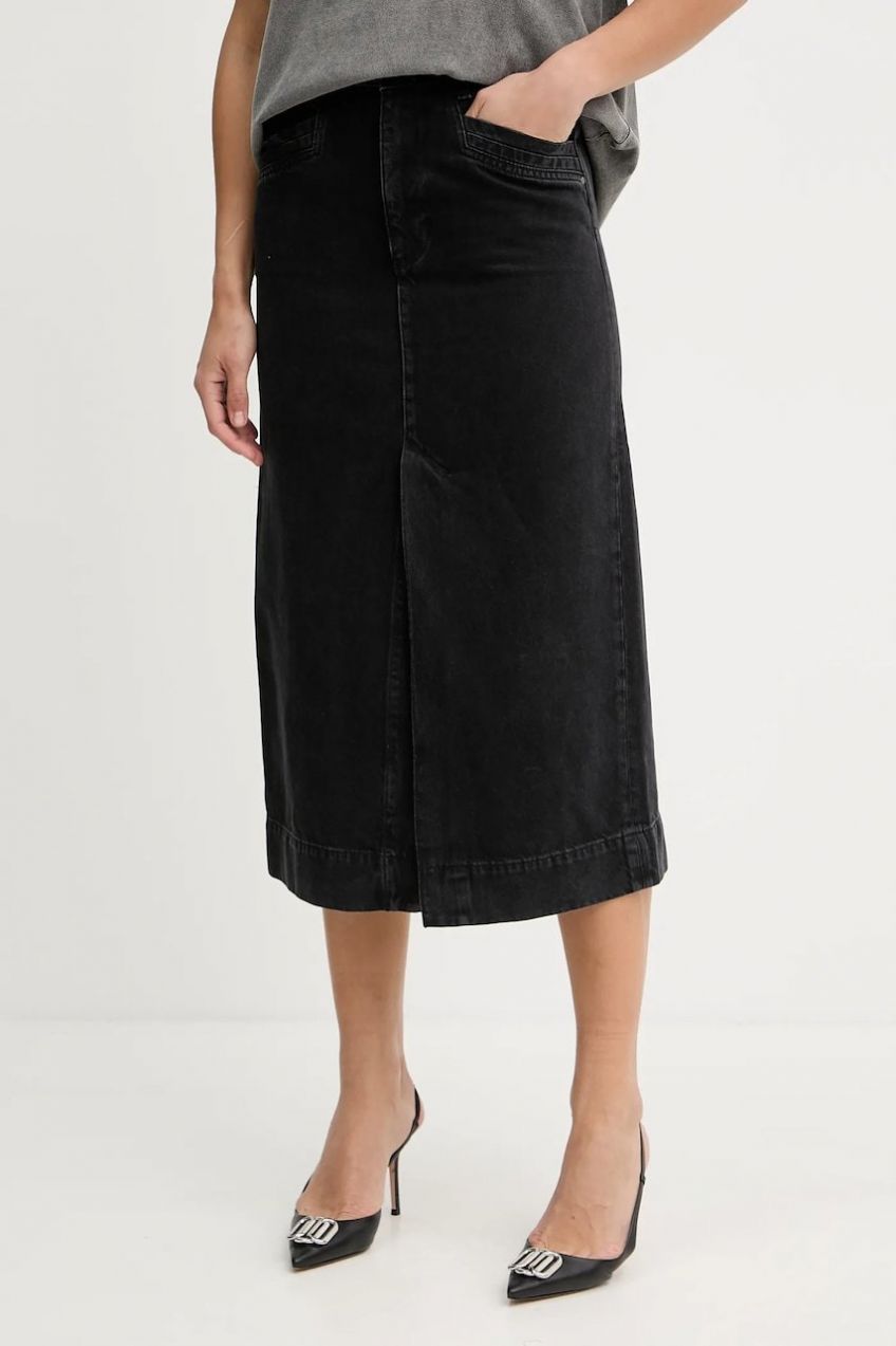 Rifľová sukňa BOSS SEMAIRE čierna farba, midi, rovný strih, 50542557