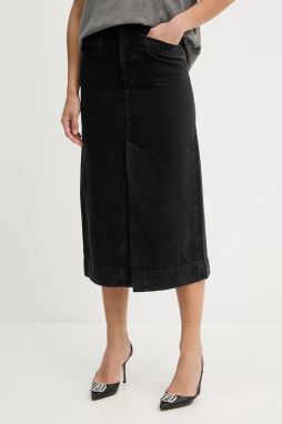 Rifľová sukňa BOSS SEMAIRE čierna farba, midi, rovný strih, 50542557