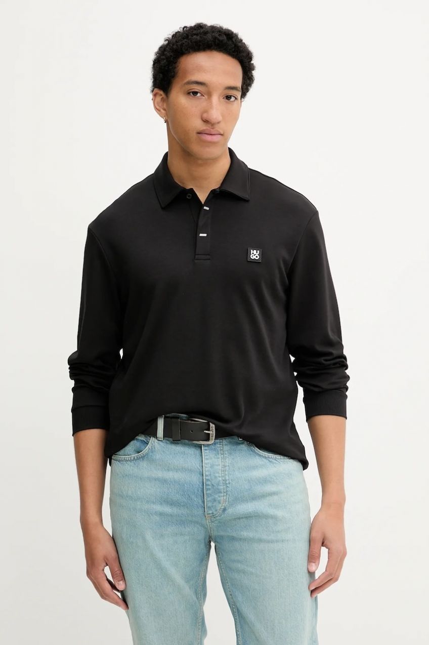 Bavlnené tričko s dlhým rukávom HUGO Dargenpolo čierna farba, jednofarebné, 50542578