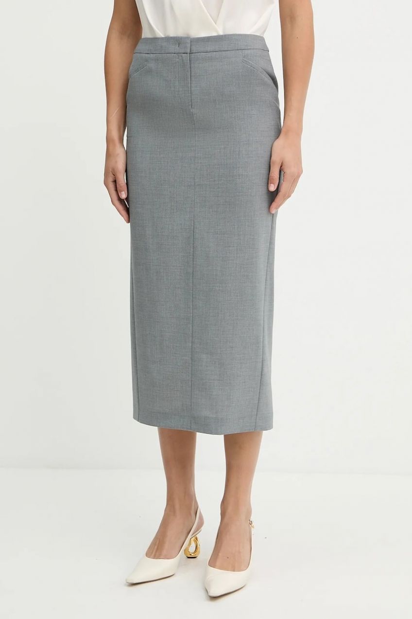 Vlnená sukňa BOSS Vulera šedá farba, midi, rovný strih, 50541977