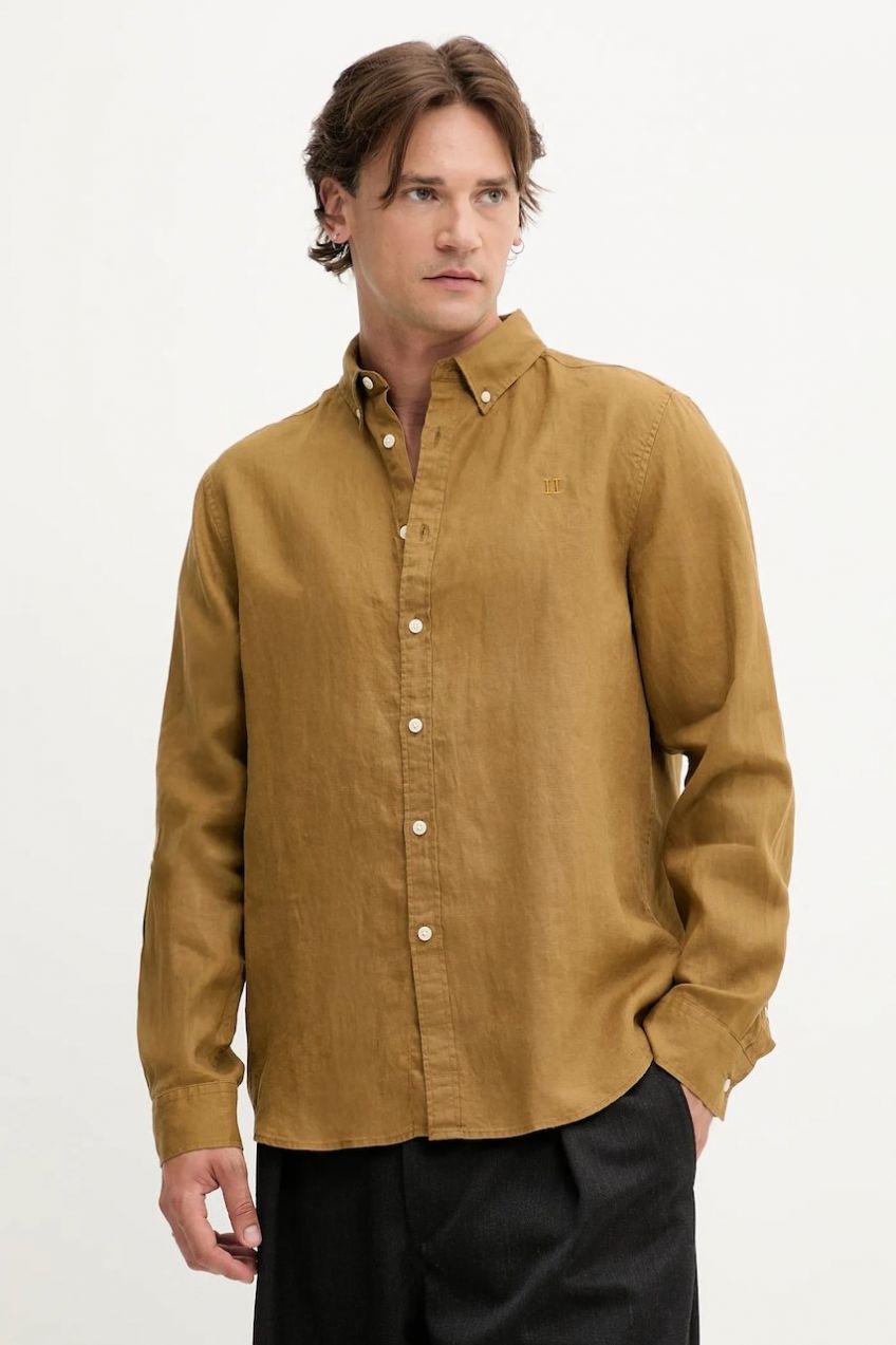 Ľanová košeľa Les Deux Konrad zelená farba, regular, s golierom button-down, 1000001