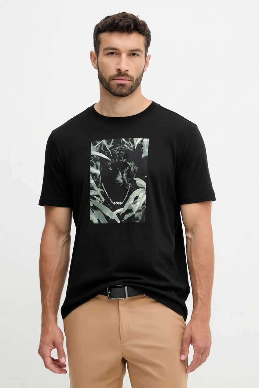Bavlnené tričko BOSS Orange Te_Animali pánske, čierna farba, s potlačou, 50546362