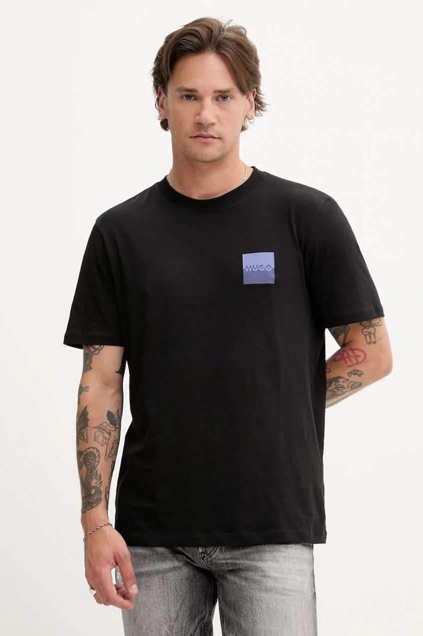 Bavlnené tričko HUGO Dapusi pánske, čierna farba, s potlačou, 50544458