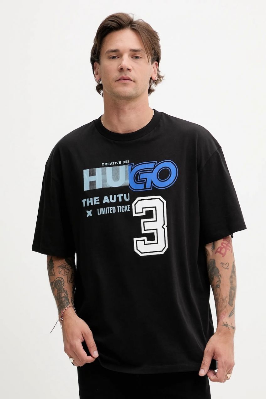 Bavlnené tričko Hugo Blue Nesite pánske, čierna farba, s potlačou, 50544168