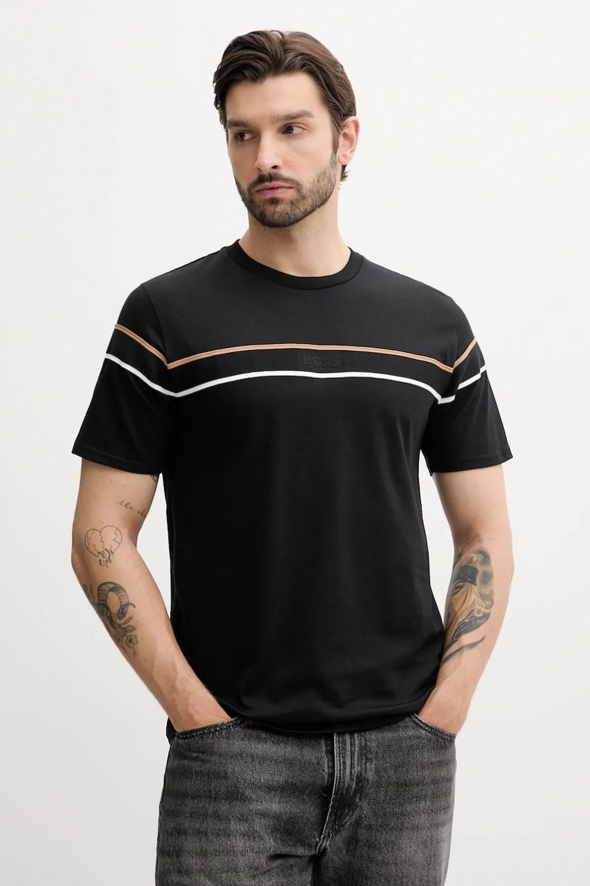 Bavlnené tričko BOSS Iconic T-Shirt pánske, čierna farba, vzorovaná, 50545852