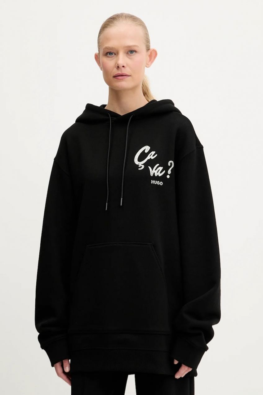Bavlnená mikina HUGO Dejandra_2 čierna farba, s kapucňou, s potlačou, 50545201